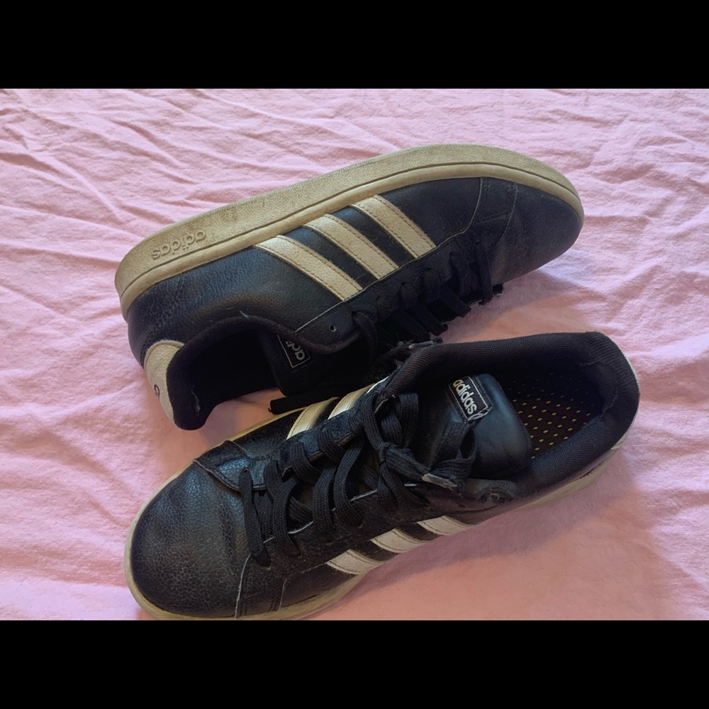 Black Adidas Shoes with White Stripes, Women’s Size 7 1/2